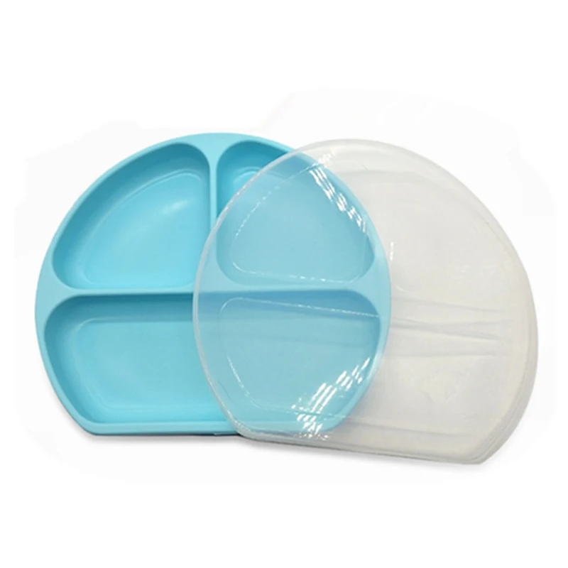 Bpa Dinner Food Grade Divide Silicone Sution Plate With Lid Cover For 