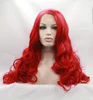 wholesale price high quality synthetic half hand tied lace wigs red color wavy wig