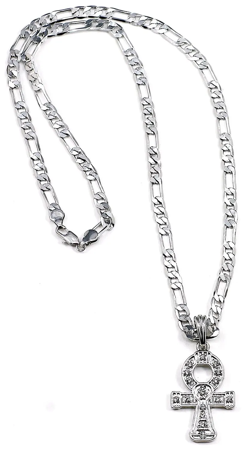 GWOOD Ankh Pendant Silver Color with 24 Inch Long Figaro Necklace