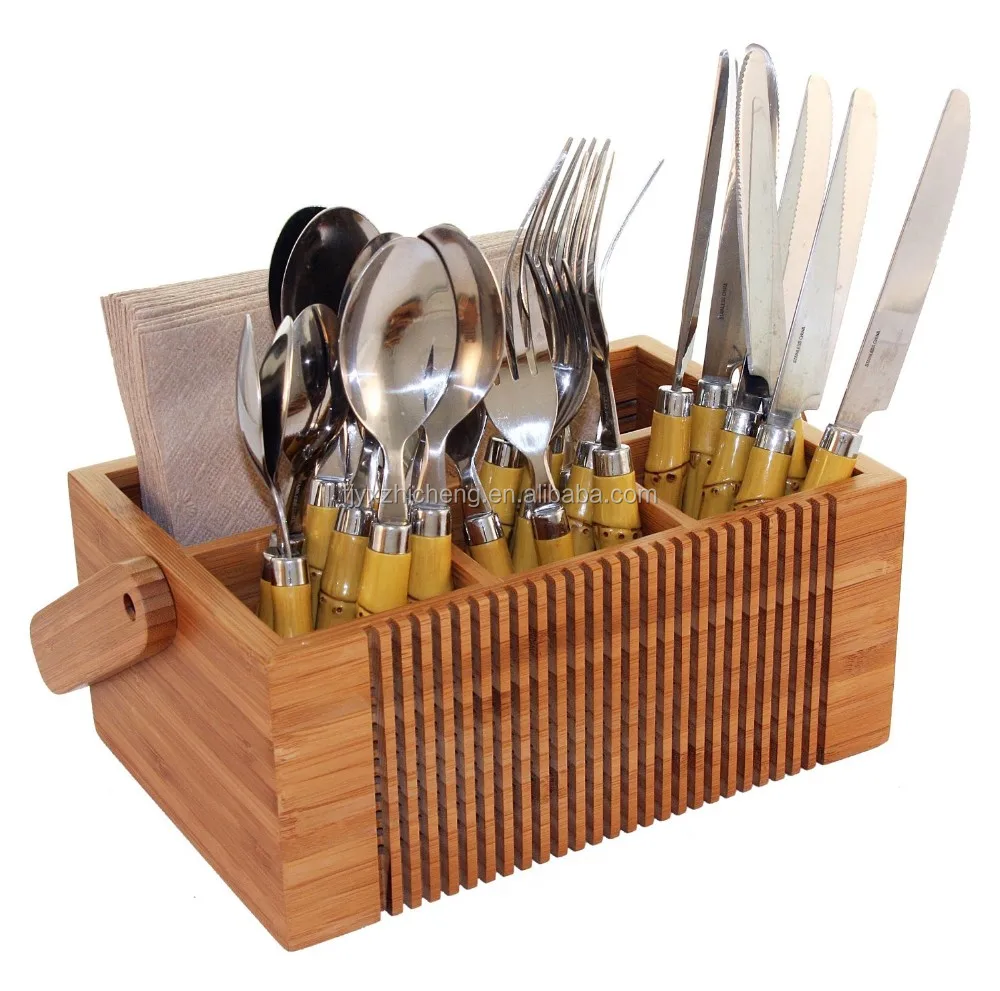 Bamboo Silverware Flatware Caddy Organizer For Kitchen Countertop