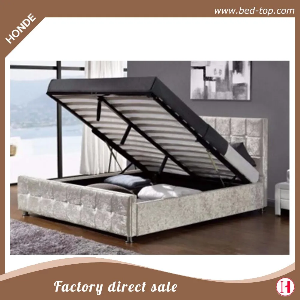 Crystal Tufted Gas Lift Up Crushed Velvet Storage Bed Leather Bed With