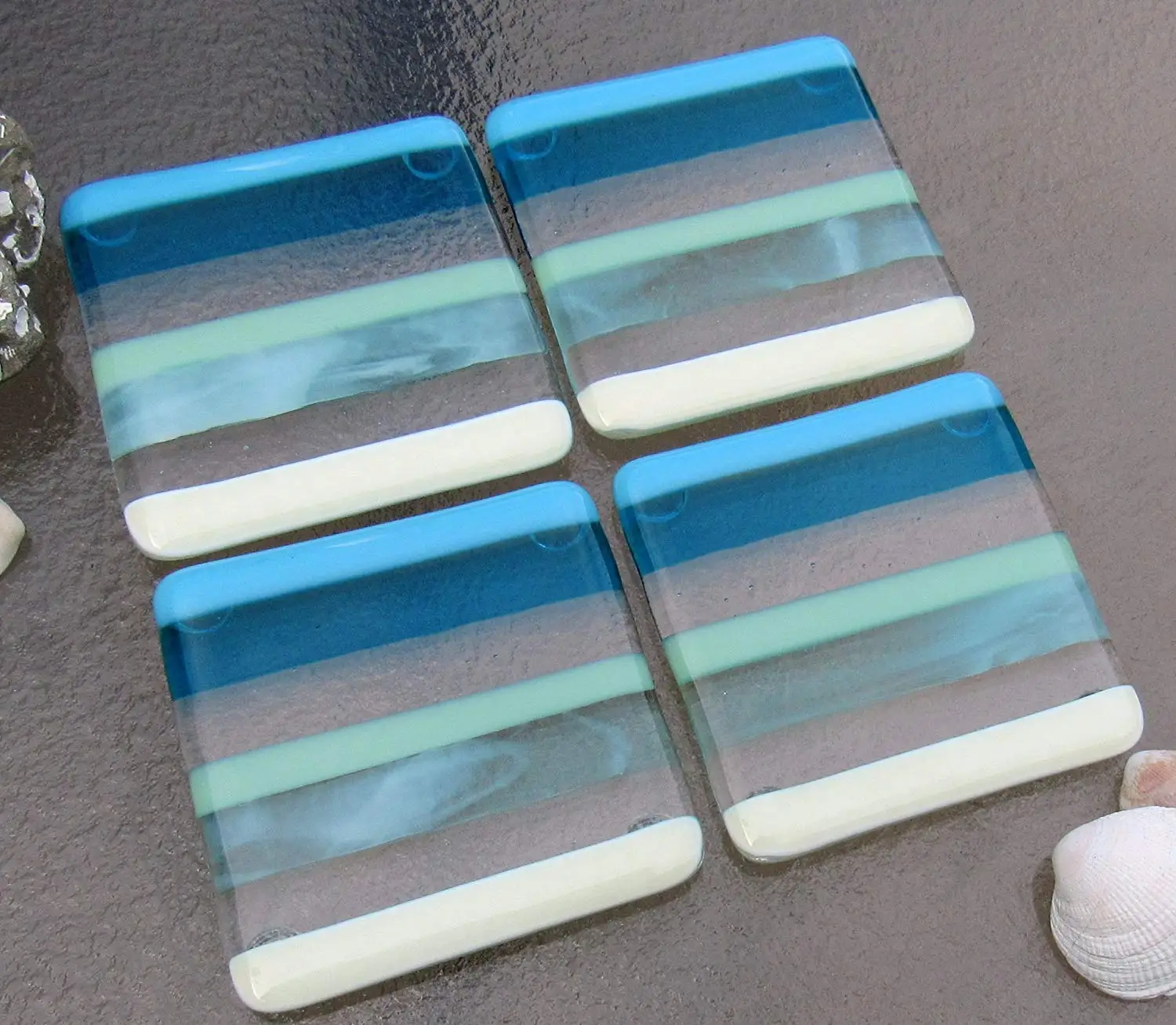 Fused Glass Coasters Beach House Decor Ocean Beach Coasters with Blue Stripes Summer Glass Set of 4 Coasters Beach House Decor