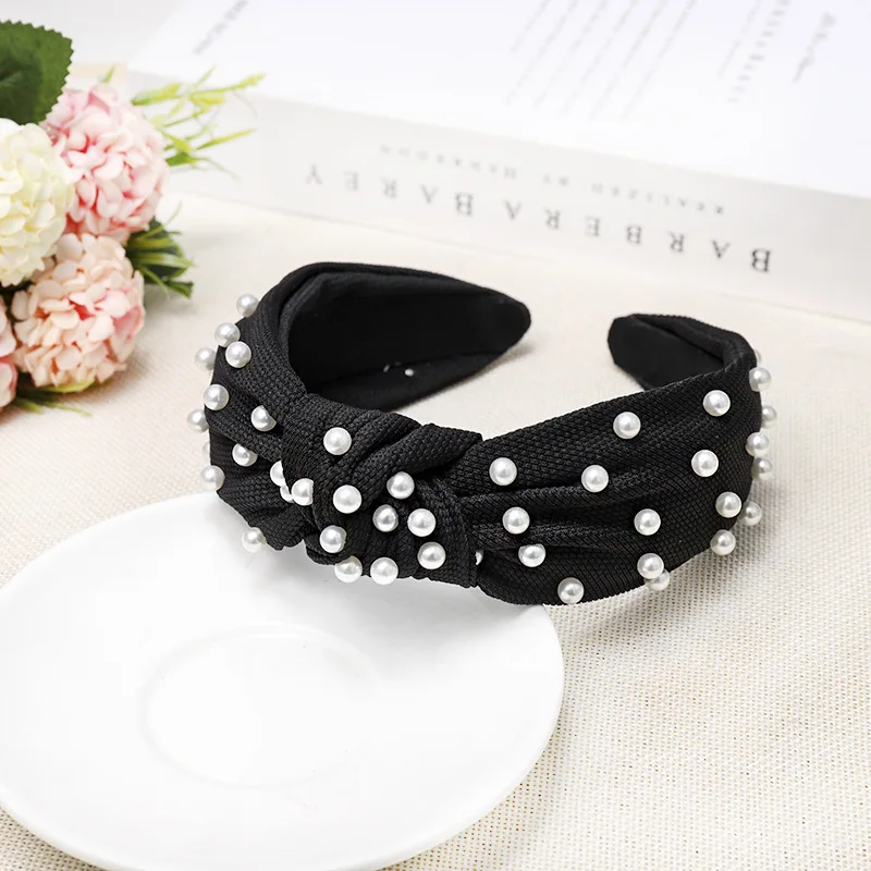 LRTOU Wholesale Hair Accessories Girls Plain Fabric Knot Plastic Headband Custom Pearl Hair Bands For Women