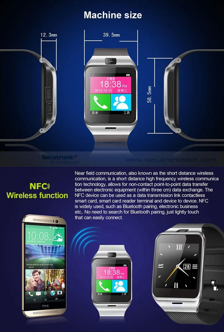 2016 thông minh Xem DZ09 Waterproof 1,54 "Touch Screen NFC Slim Thẻ DZ 09 thông minh Watch Phone