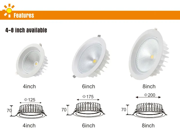 4 inch/ 6inch/ 8inch SAA approve led COB down light 30w cut out 200mm