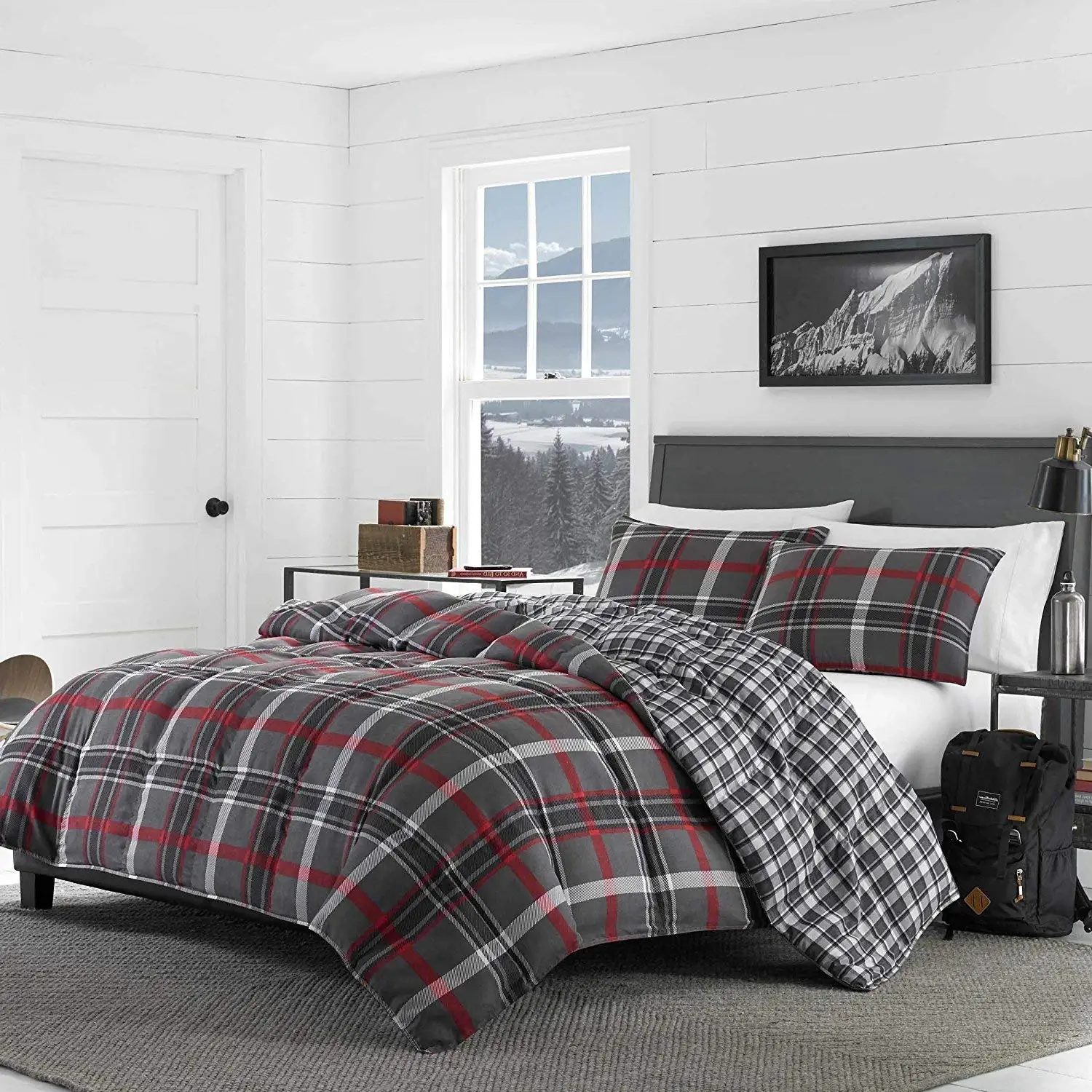 DP 3pc Red Grey Plaid Comforter King Set, Gray Checked Bedding Cabin Themed Lodge Lumberjack Pattern Country Hunting Black White Medium Warmth Patchwork, Cotton Polyester