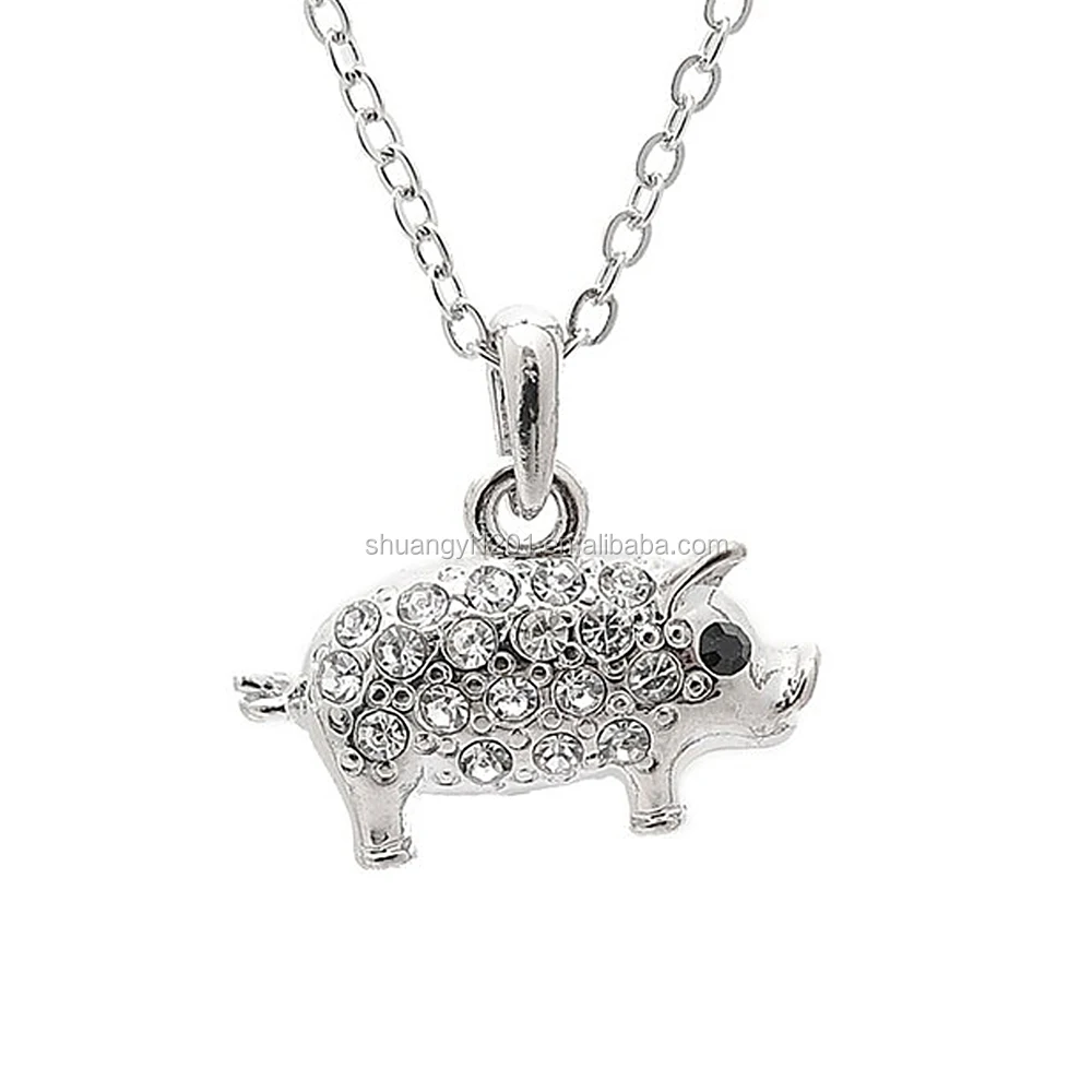 Pig Piggy Pendant Necklace Pink Crystal Rhinestone 17" Chain Fast Shipping