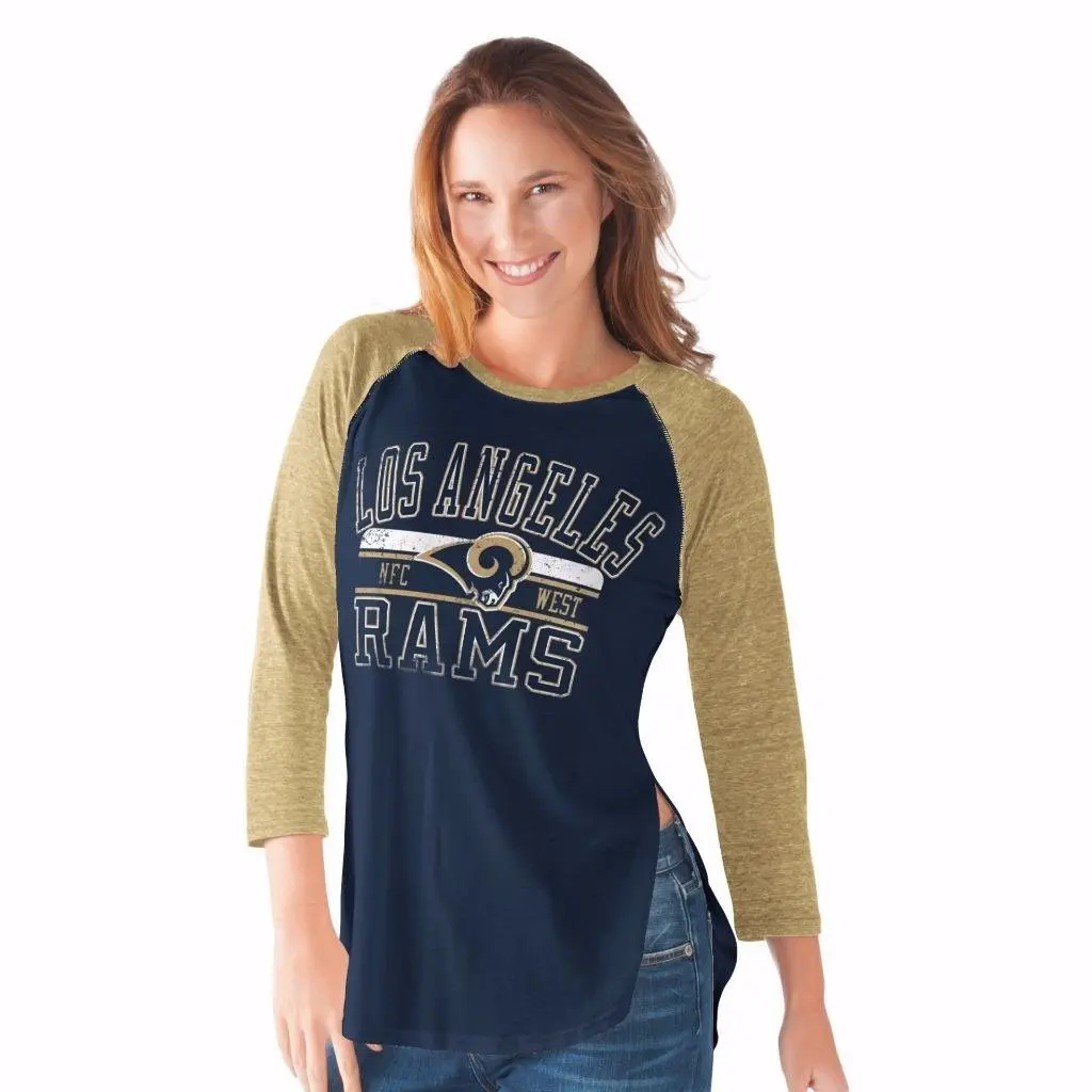 NFL Women's Hangtime Distressed Logo 3/4 Sleeve Tee (Xlarge, Los Angeles Rams)