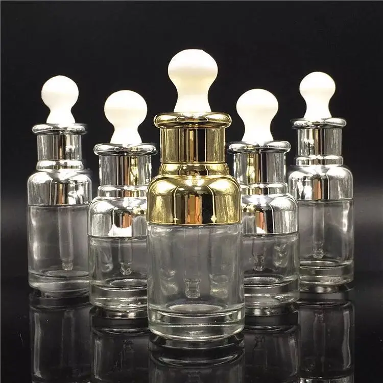 Wholesale electroplated glass dropper bottle 10ml 15ml 30ml 50ml gold silver color e liquid packing perfume glass bottle