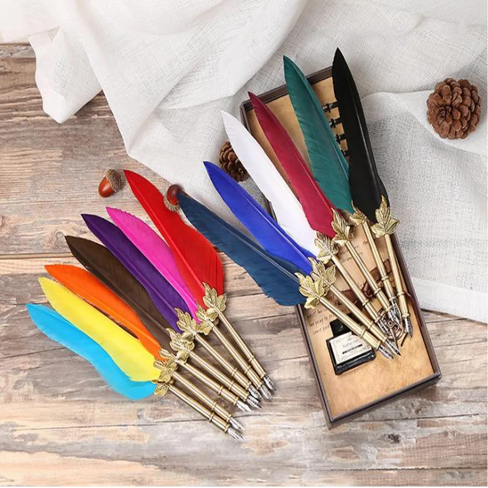 Handmade Ballpoint Pens Vintage Peacock Feather Quill Set