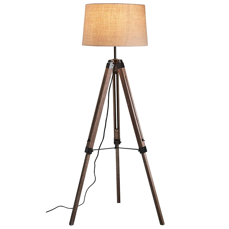 Hot Sale Tripod Floor Lamp Wood Standing Light With Linen Fabric Lamp