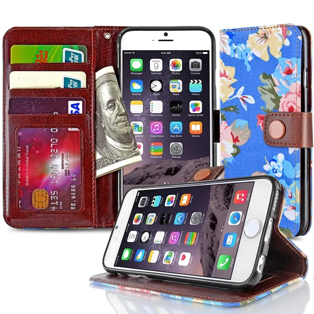 TNP iPhone 6s Wallet Case Floral Navy Blue - Slim Synthetic Leather Wallet Pocket Case Flip Cover Stand with Card Slots and Cash Compartment for Apple iPhone 6 and iPhone 6S 4.7" Devices