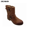 SEAVO fashion women plaid stitching design pu upper brown winter ankle length style dress boots