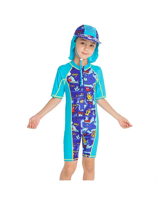 Boys Rashguard One Piece Swimsuit Short Sleeve Summer Uv Sun Protection