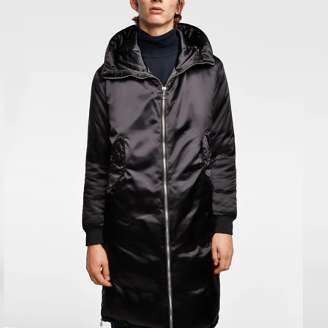 広州メンズ服高品質サイドジッパー黒サテン冬の男フード付きロング