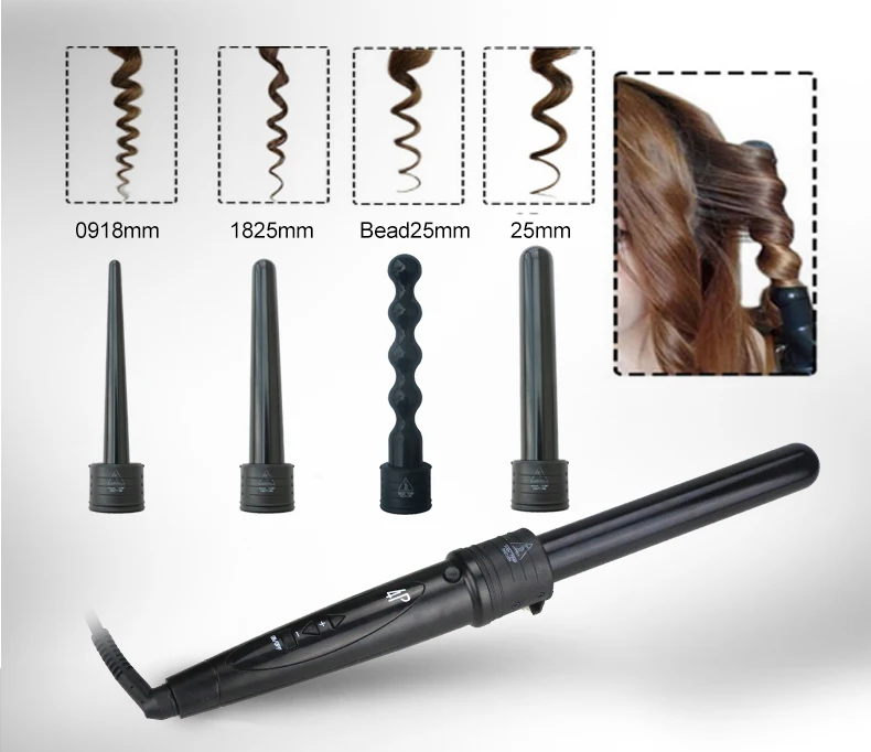 Interchangeable 4 Barrels Hair Curling Tong Set With Protected Glove