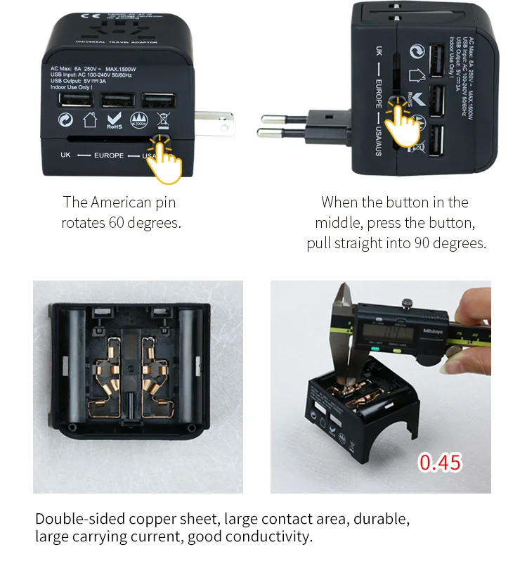 Electrical Socket European/American/Australia/UK Plug Adaptors All in One Universal Travel Adapter with USB Charger