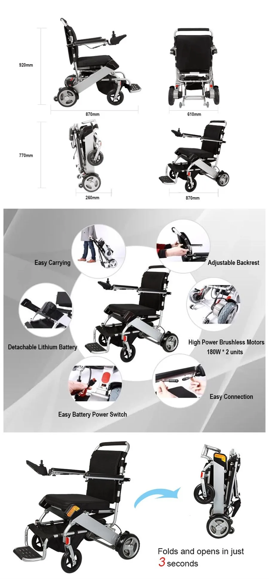 Portable Lightweight Children Travel Foldable Electric Wheelchair Black Silver Rehabilitation Therapy Supplies PU Soild Tire JBH