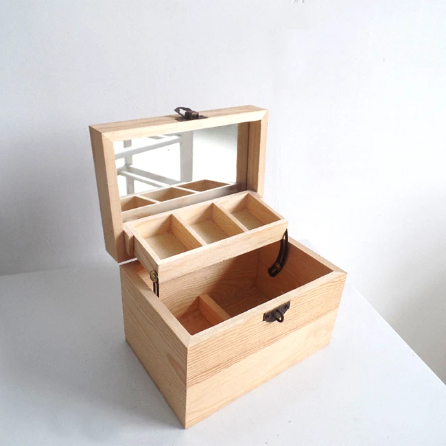 small wooden make up box with mirror