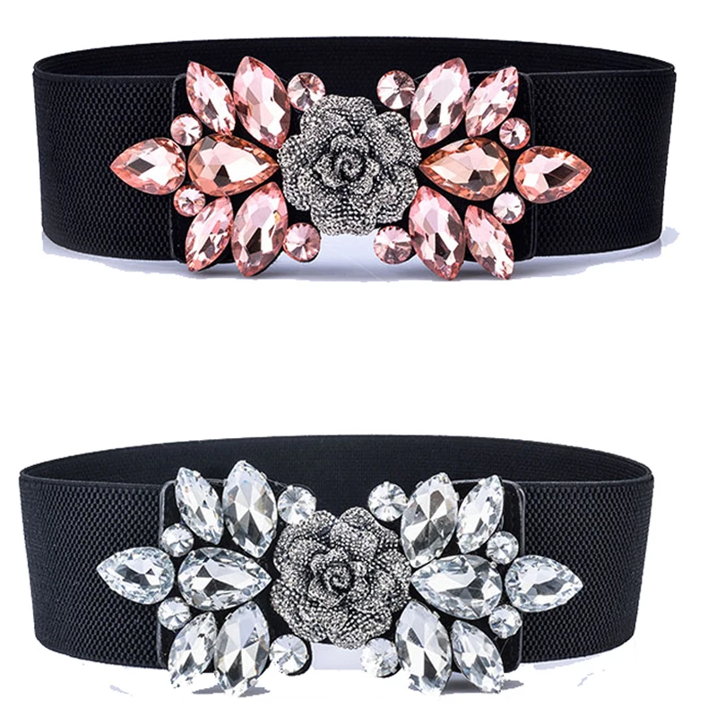 Women Rhinestone Wide Elastic Belt Waistband Ladies Dress Cinch Stretch