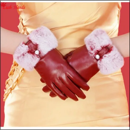 women fashion genuine leather gloves with rabbit fur cuff