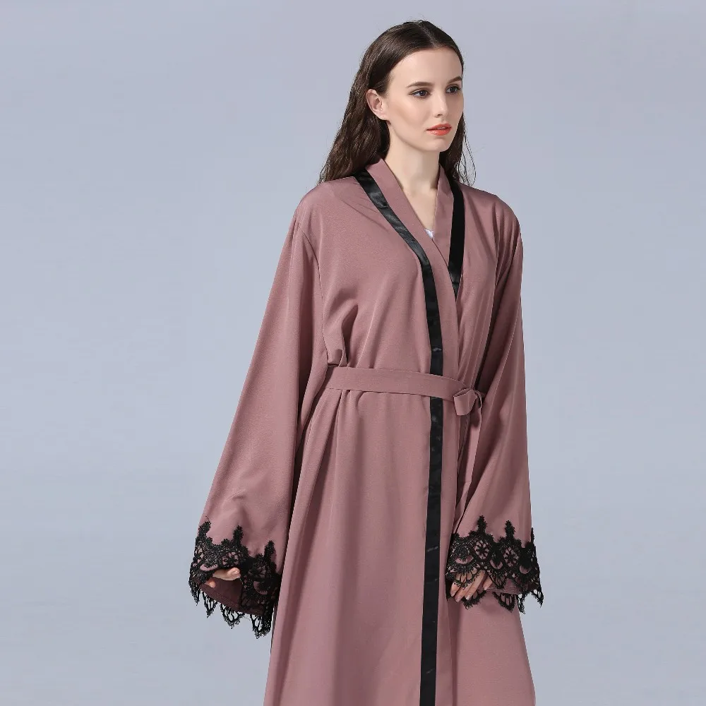 1555 Turkish Baju  Kurung  Lace Islamic Clothing Belted Kaftan Muslim Kimono  Classic Nida Front 