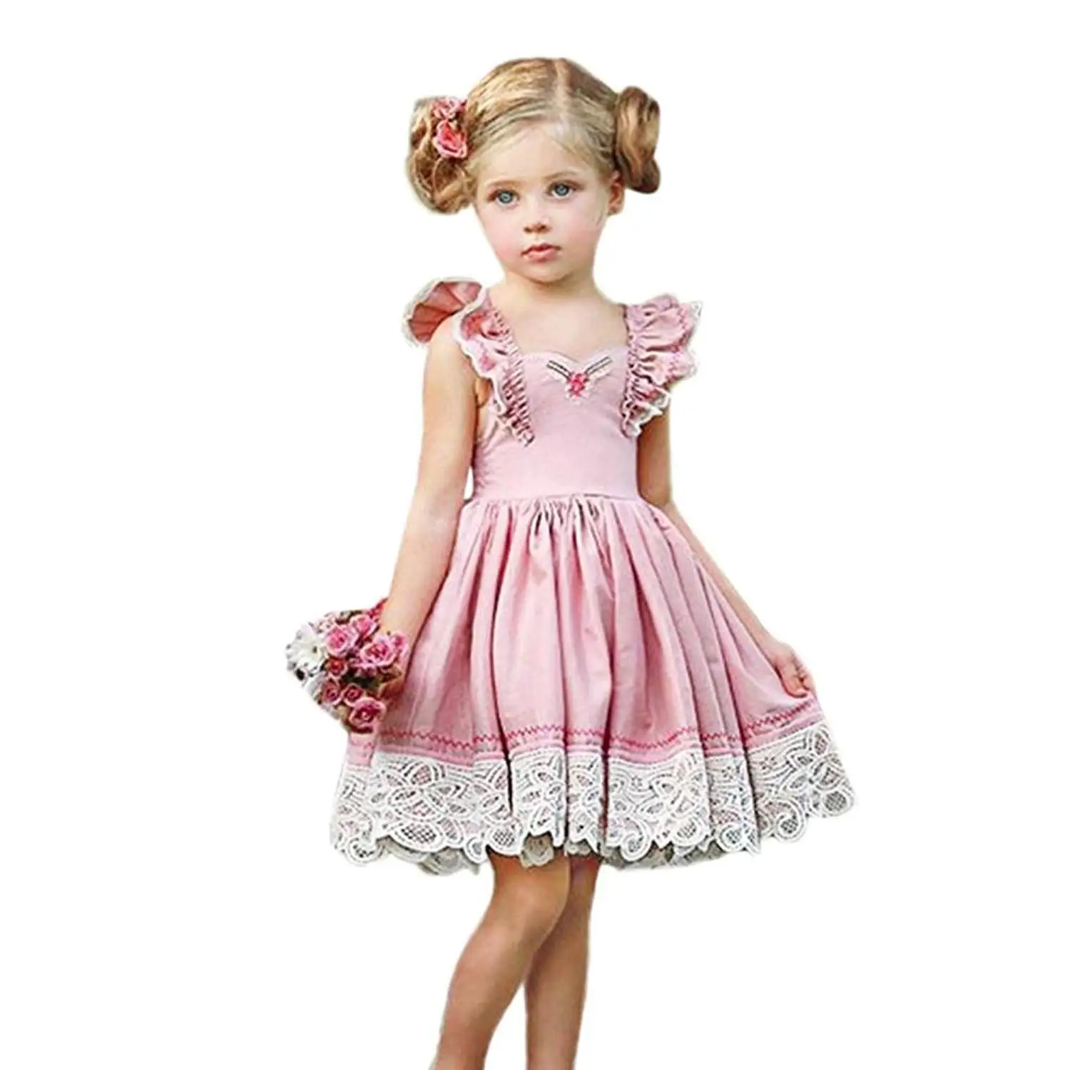 TiTCool Little Girls Party Dress Sleeveless Lace Flowers Ruffle Cap Sleeves Back Tie Strappy Princess Dress, Size 18M-5T