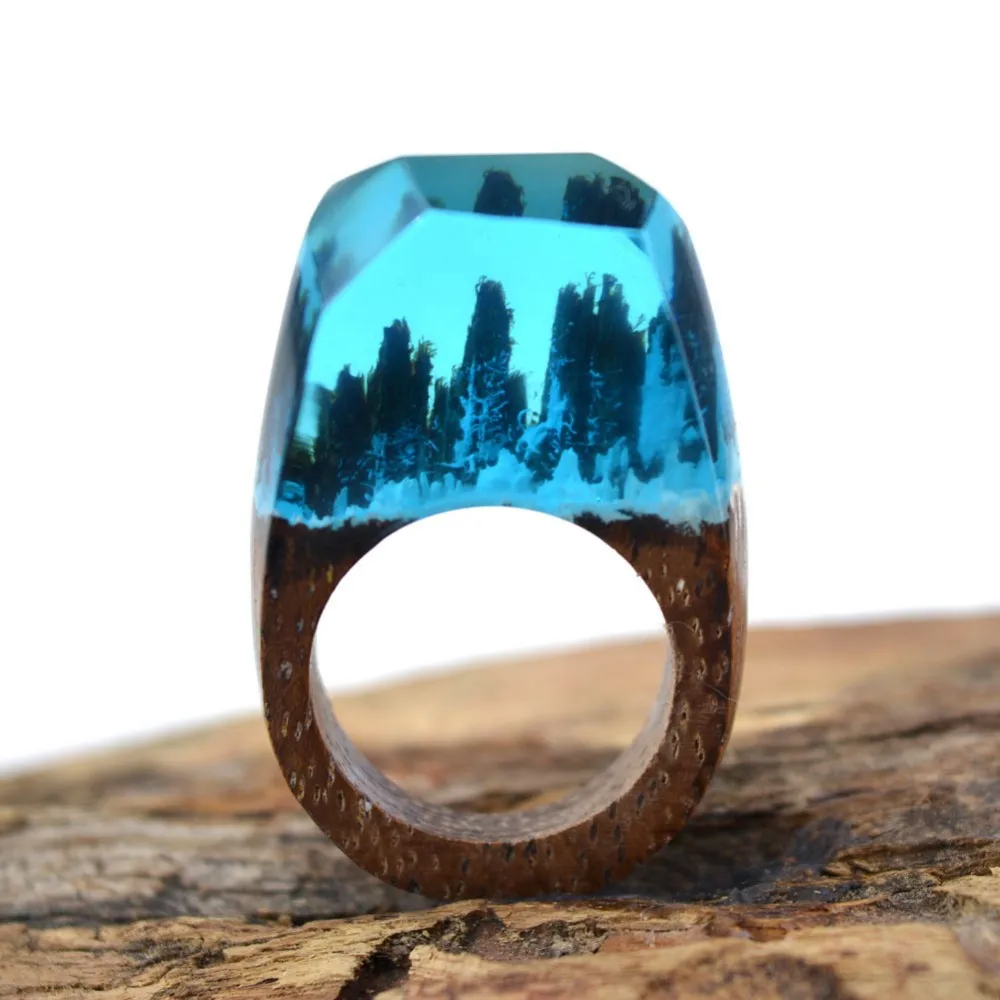 Handmade Wood Resin Ring With Magnificent Tiny Fantasy Secret Landscape Gift