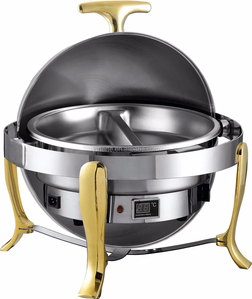 Newest Design Goldplated Round Food Warmer With Electric Heating Plate