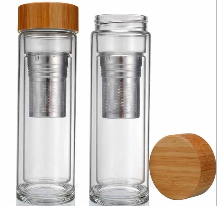 Double Wall Glass Tea Infuser Bottle/glass Water Bottle With Bamboo Lid
