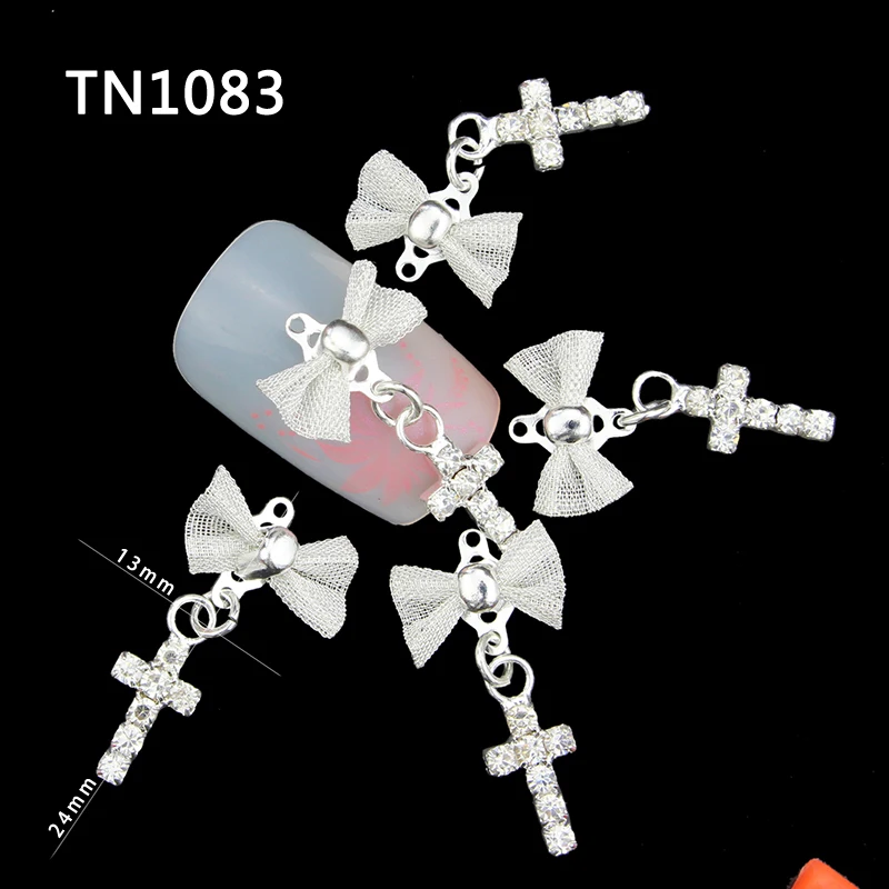 10 Pcs Glitter 3D Bow With Cross Pendants Rhinestones For Nail Art Decorations Gel Polish DIY