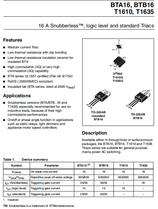 Btb16 600bw datasheet на русском схема