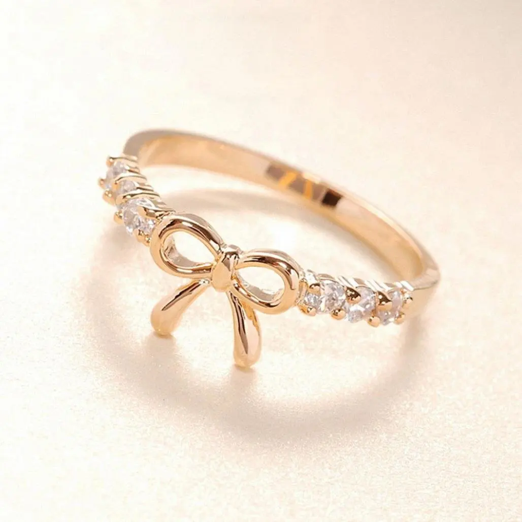 Jewelry Ring,Hemlock Women Girl's Simple Crystal Bow Ring (Gold)