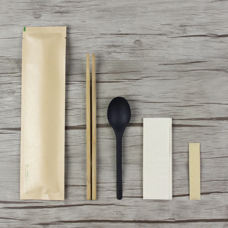 Custom Bamboo Chopsticks Napkins Printed Disposable Spoon Pouch And