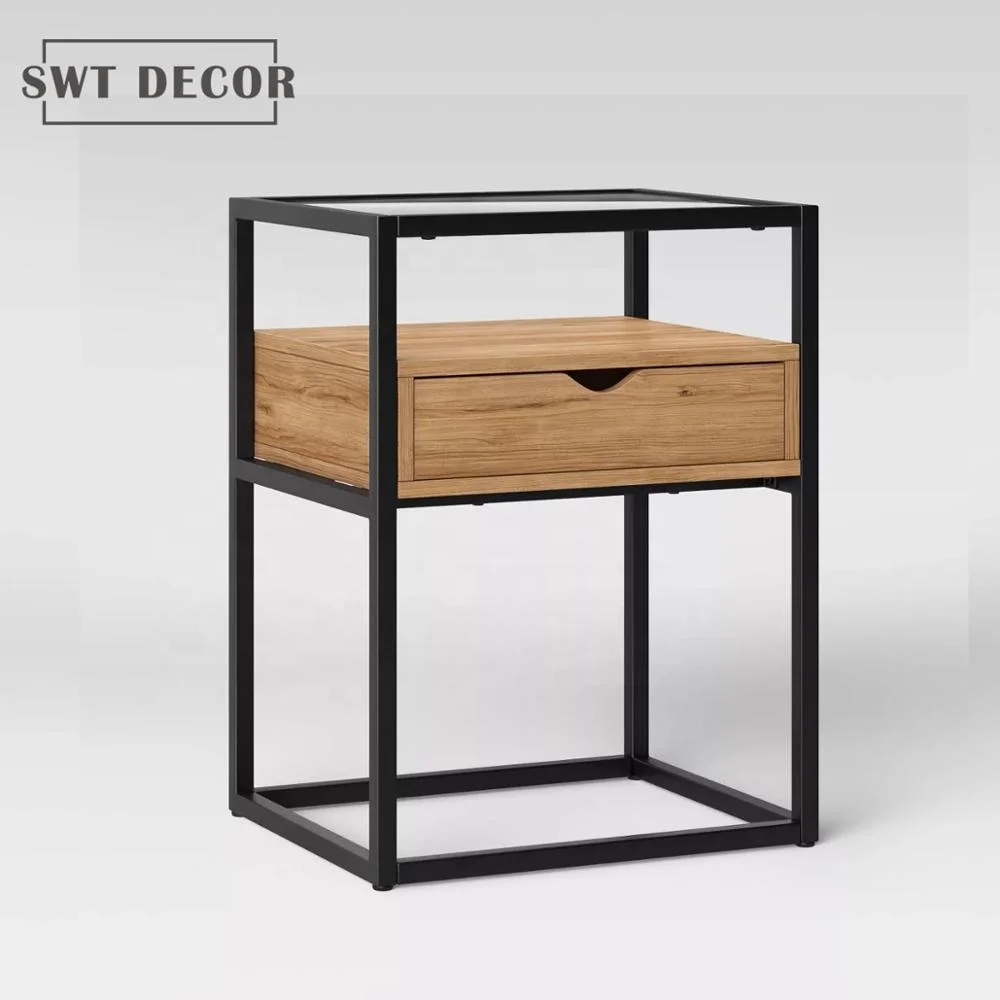 Swt Metal And Wood Sofa Coffee Side Table Side Table Drawer With Glass