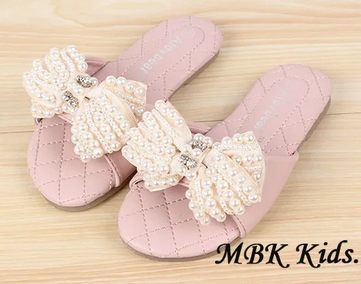 New Children Shoes Latest Girls Slippers Pearl Bowknot Pink Beige Rose Kids Shoes For Summer Slippers