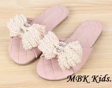 New Children Shoes Latest Girls Slippers Pearl Bowknot Pink Beige Rose Kids Shoes For Summer Slippers