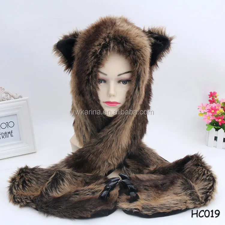 Outdoor Winter Soft Warm Animal Hooded Hats Scarf Paw Mittens Furry Hoodie 