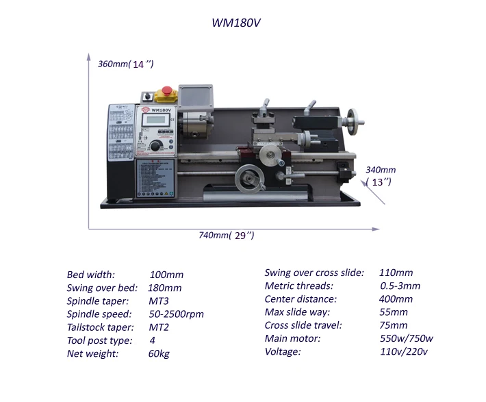 WM210V-L lengthen 38mm bore manual small metal price mini hobby lathe for sale 750w