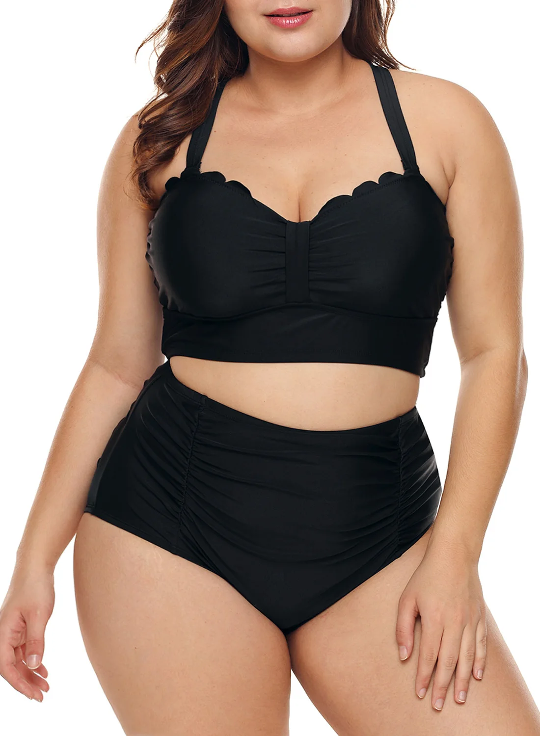 Black Plus Size Scalloped Detail High Waist Bikini Swi