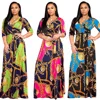 2019 explosion models hot ladies casual big gold chain printing V-neck big swing skirt