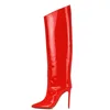 Ladies Heeled Winter Shoes 2018 Women High Heel Shiny Green Slouch Long Boots Red Patent Leather Pointed Toe Knee High Boots