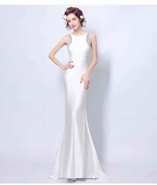 Summer Sleeveless Silky Dress Slim Tight White Elegant Long Tail