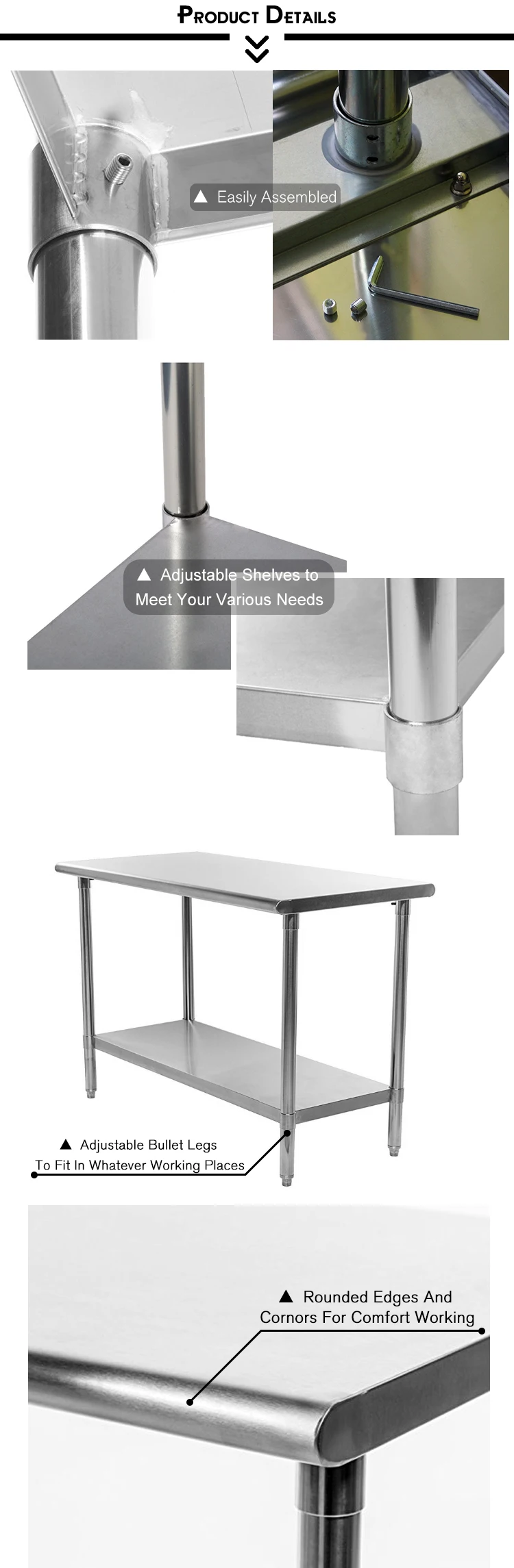 Commercial Customized Kitchen Stainless Steel Work Table With Undershelf And Bulletlegs For Kitchen And Hotel