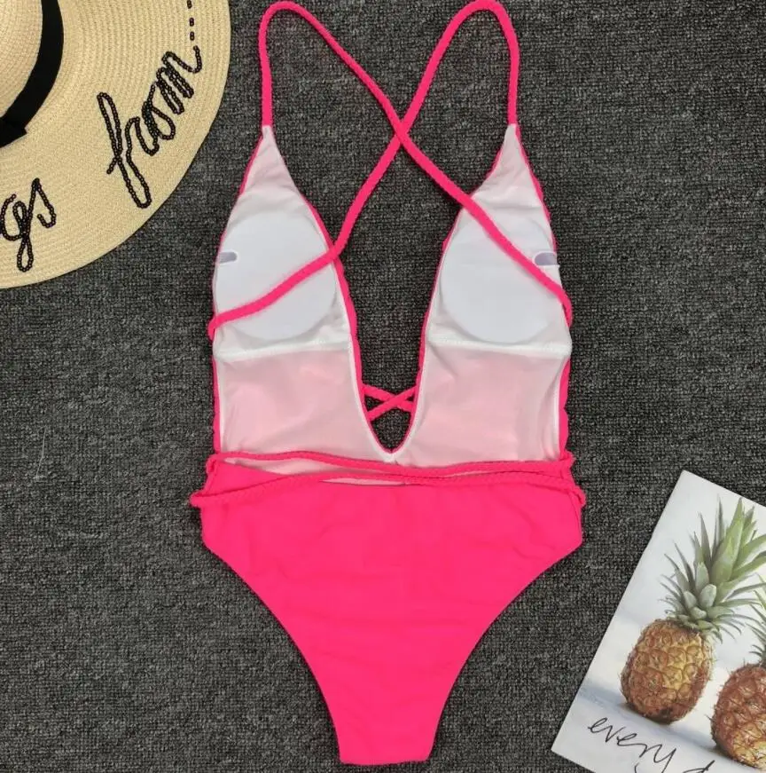 Stock 10colors V Neck Plunge Braided Long Strap Sexy One Piece Swimsuit Female Swimwear Women 6836