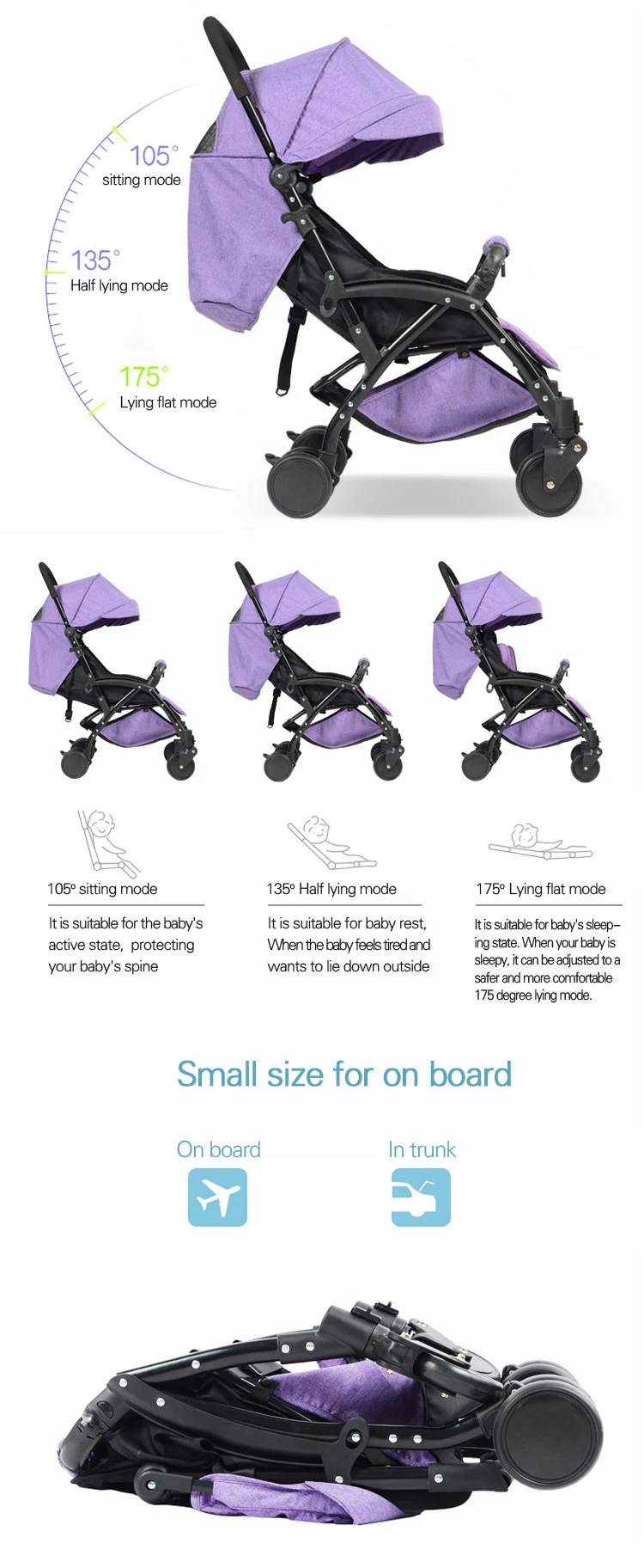 Pull Lever One Key 3 Folding Small Portable pram Baby Stroller Can Take On The Plane
