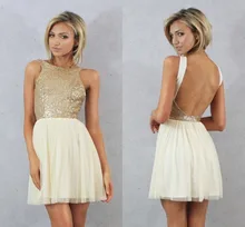 Charmming 2015 Hot Moda Curto Prom Dress Chiffon com Top de Ouro Champagne Lantejoulas Vestidos Dama de honra