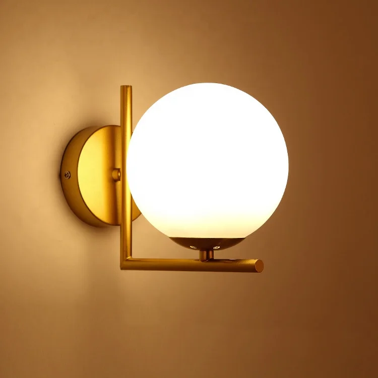 Art Deco Indoor Decorative Gold Base White Globe Glass Ball Wall Lamp Sconce for Home Living Room
