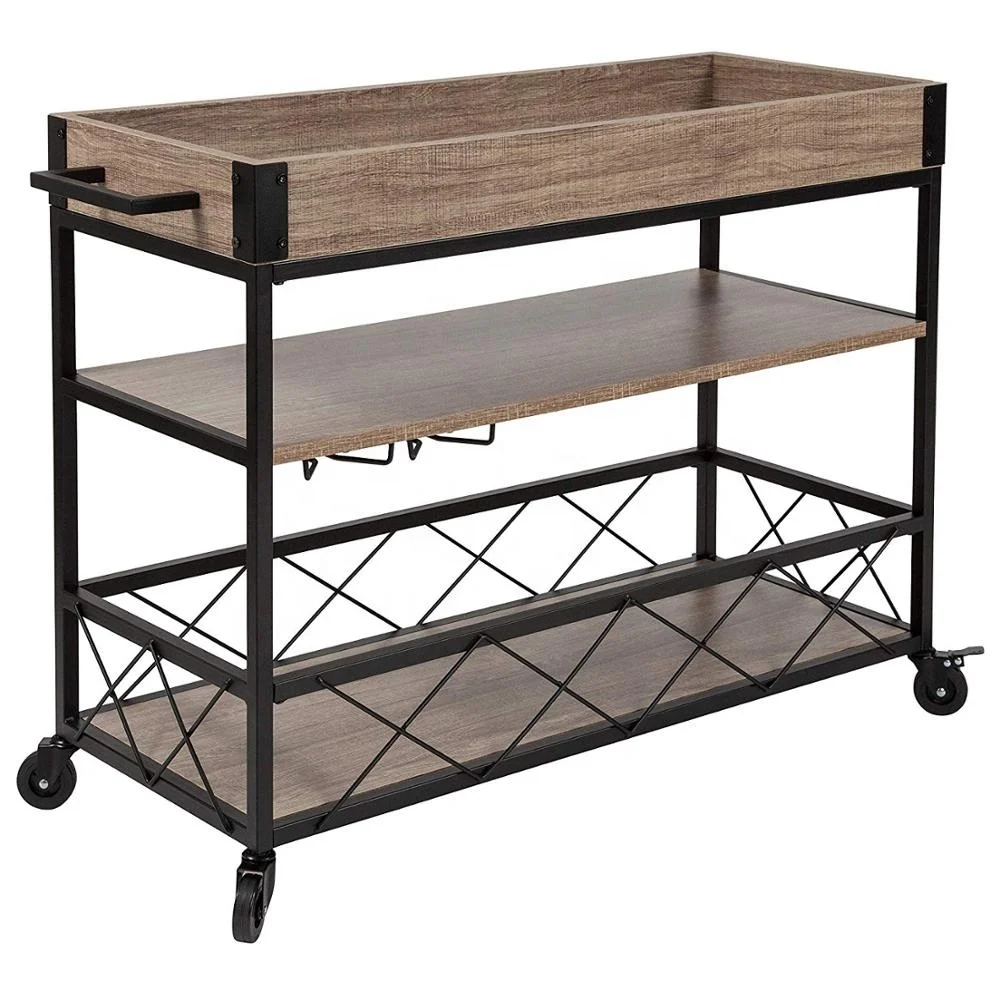 Distressed Light Oak Wood Kitchen Bar Cart With Stemware Rack And Distressed Light Oak Wood Kitchen Bar