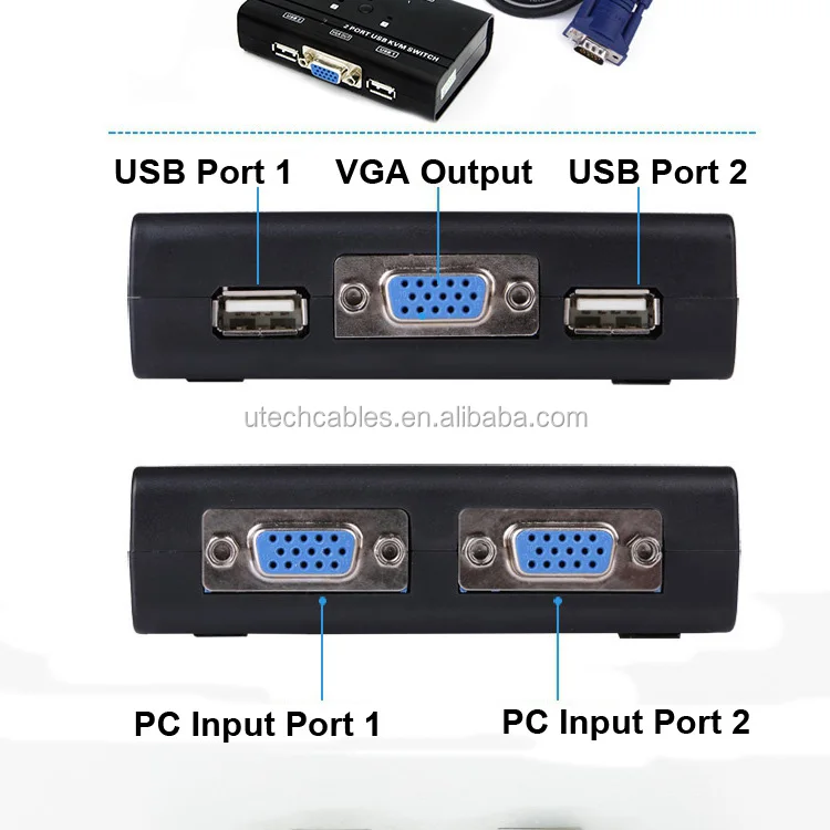 2 Port TACLKA USB KVM Switch Box VGA USB Cables for PC Monitor/Keyboard/Mouse Control